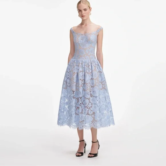 NWT- Self-Portrait Blue Midi Dress in Floral Lace - Picture 1 of 17